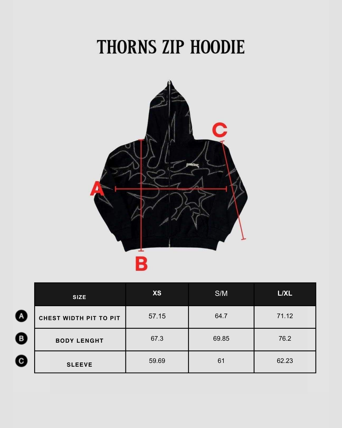 Size chart in centimeters