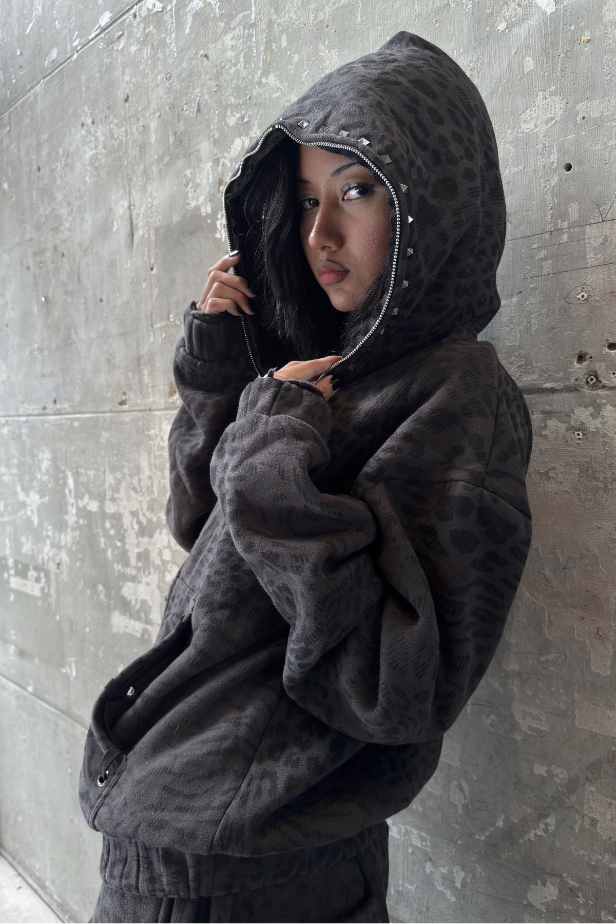Leopard Zip Hoodie (Black)