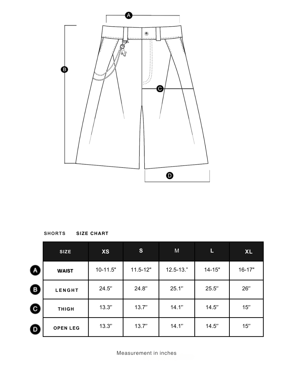 Size chart in inches