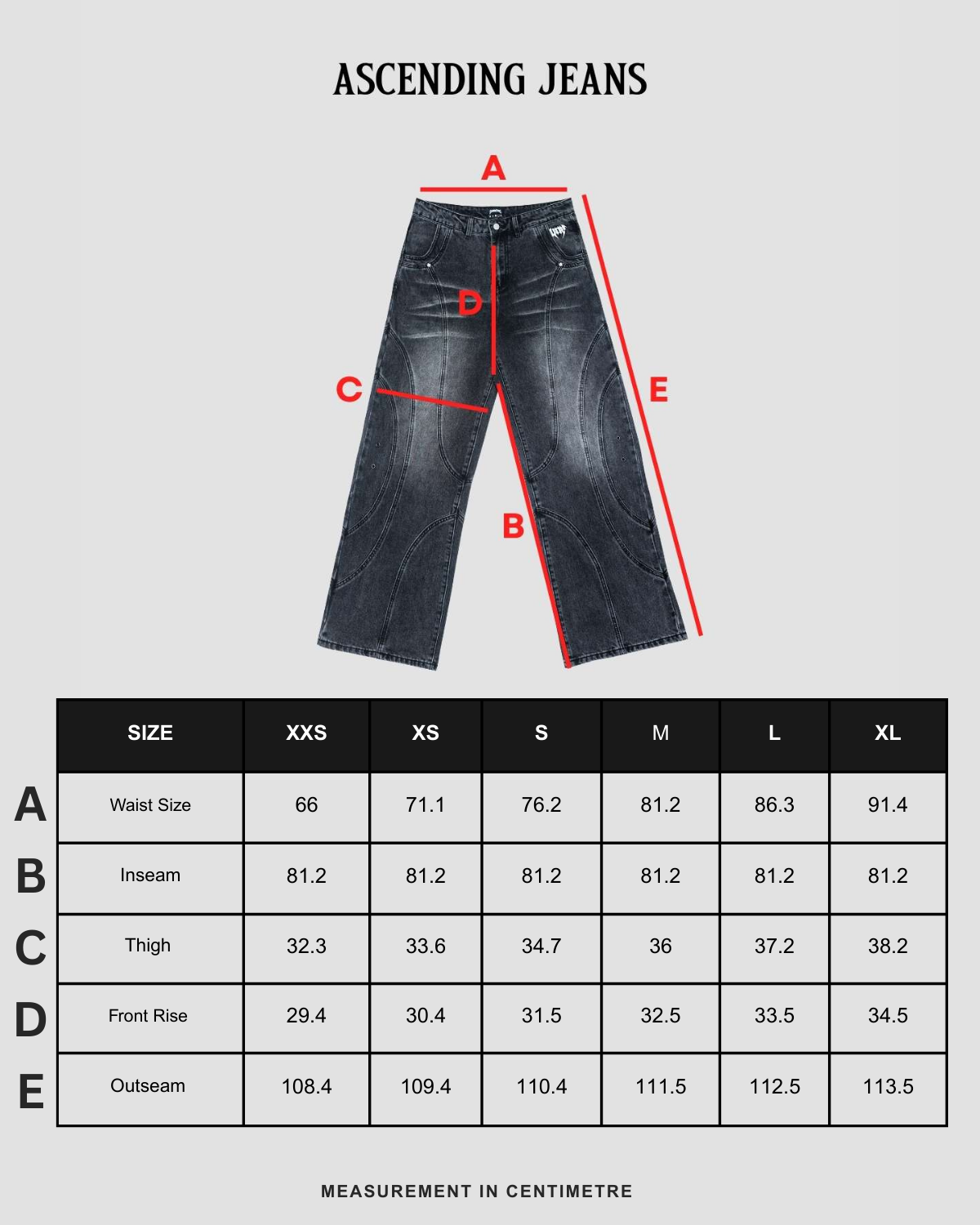 Size chart in centimeters