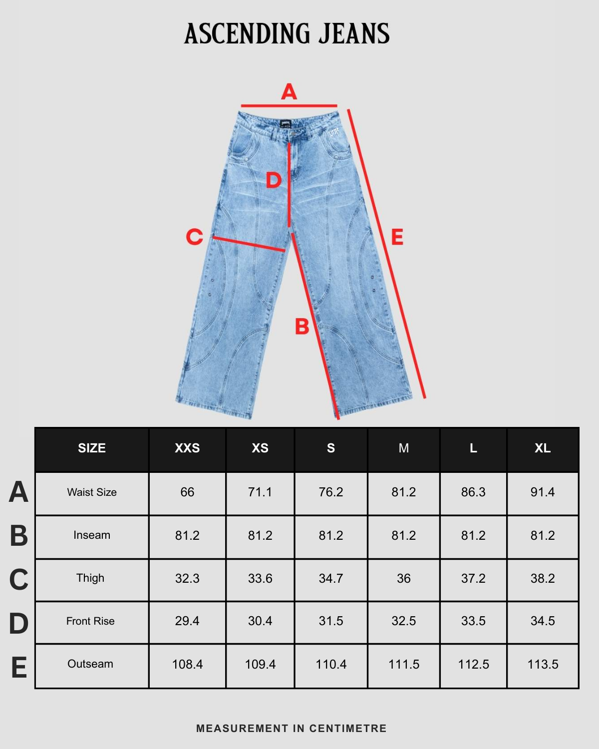 Size chart in centimeters