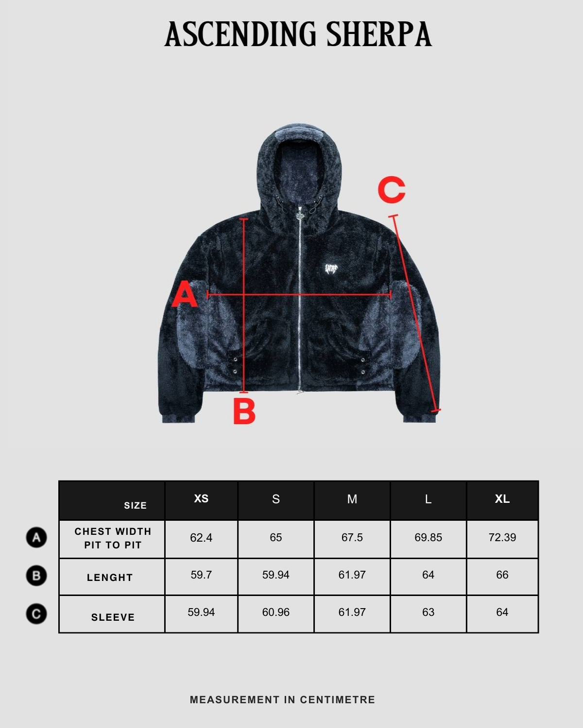 Size chart in centimeters