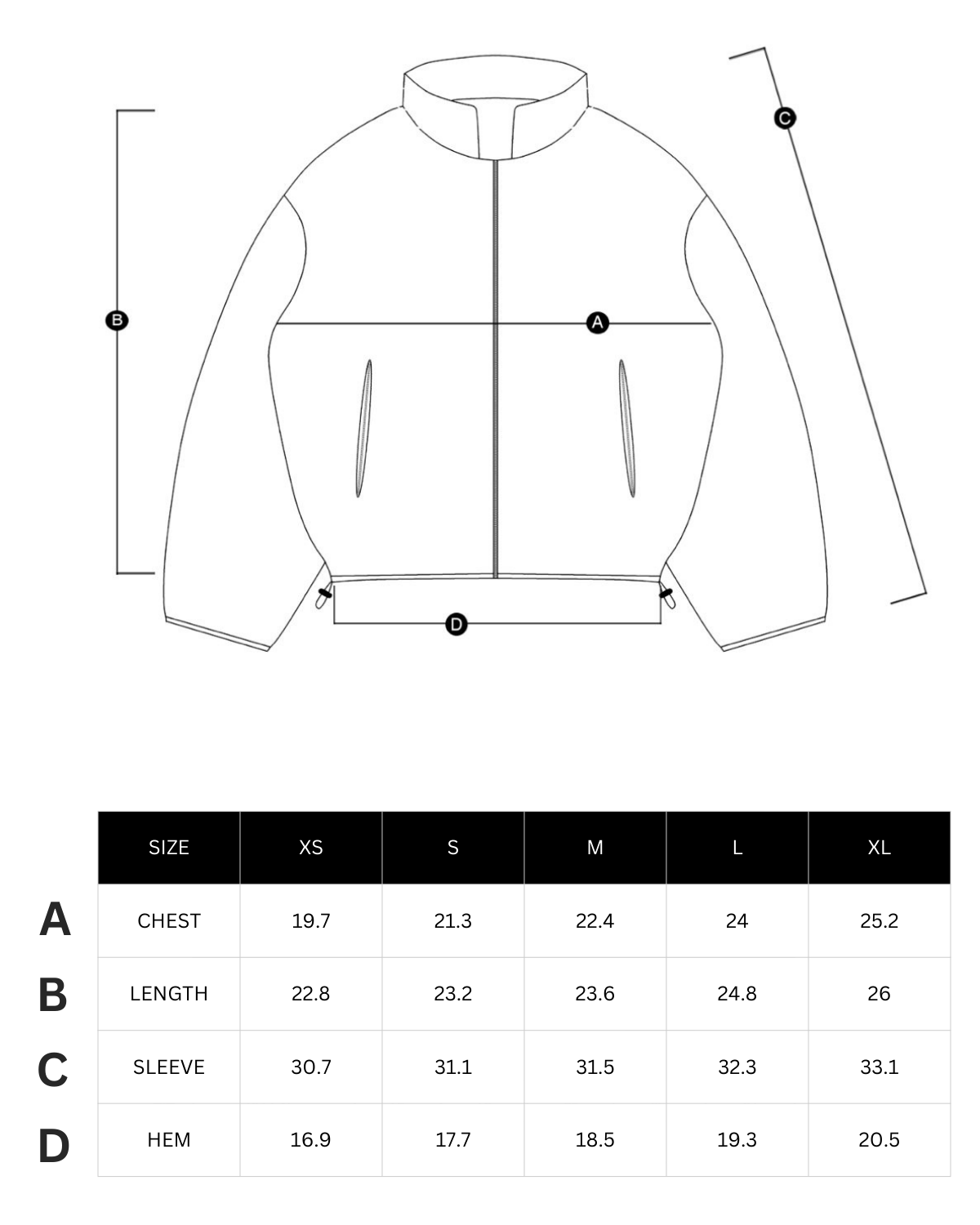 Size chart in inches
