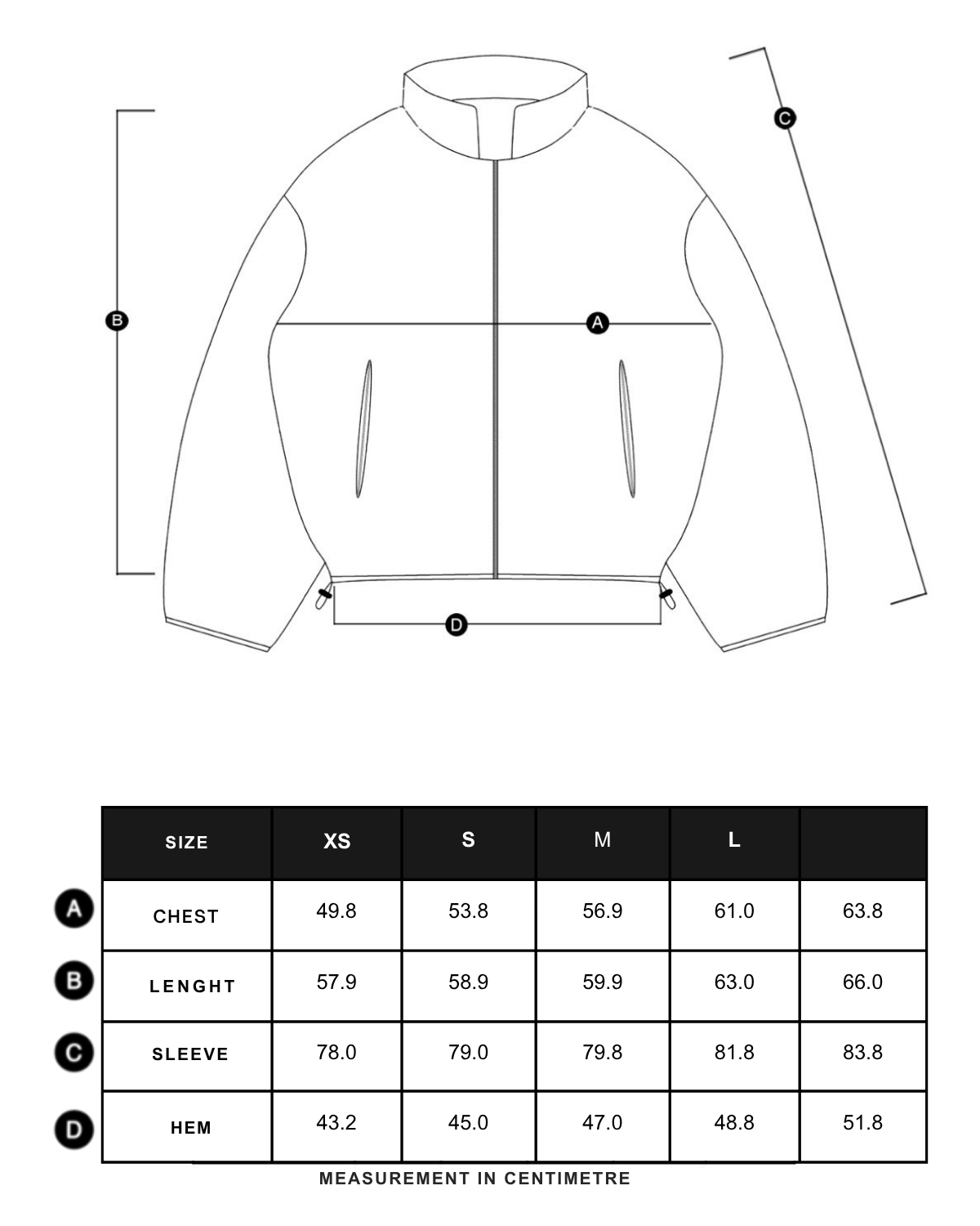 Size chart in centimeters