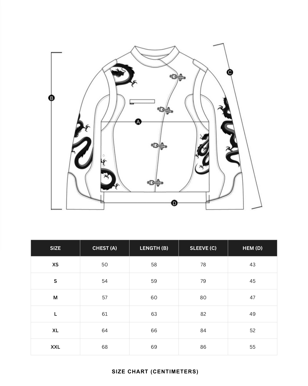 Size chart in centimeters