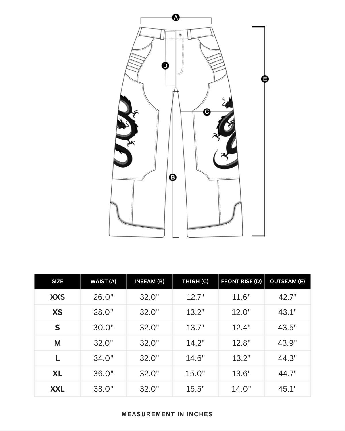 Size chart in inches