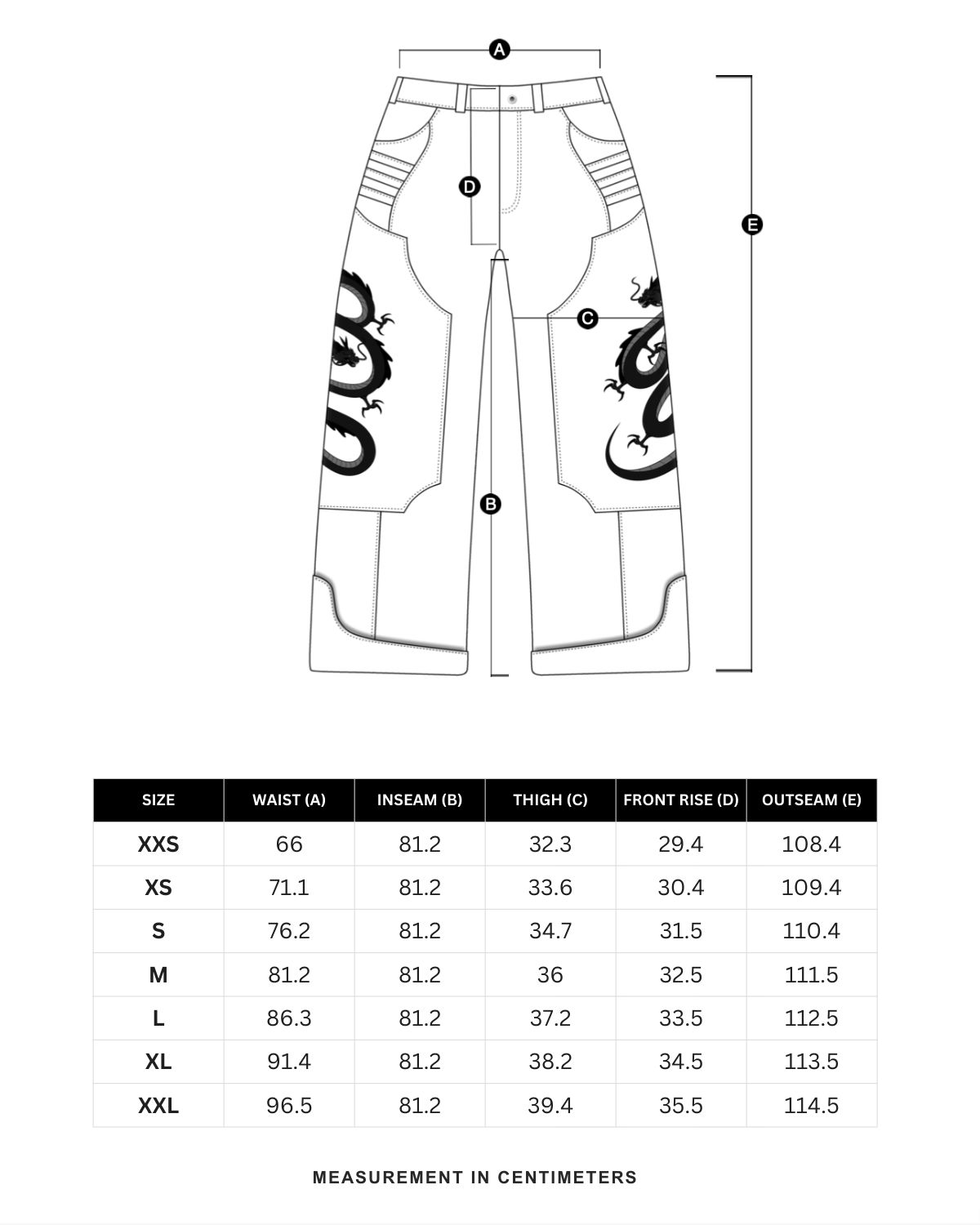 Size chart in centimeters