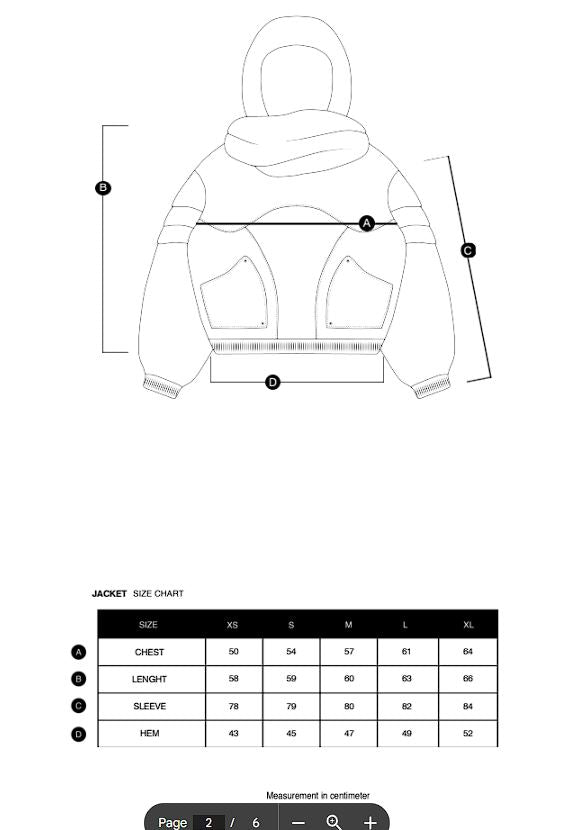 Size chart in centimeters