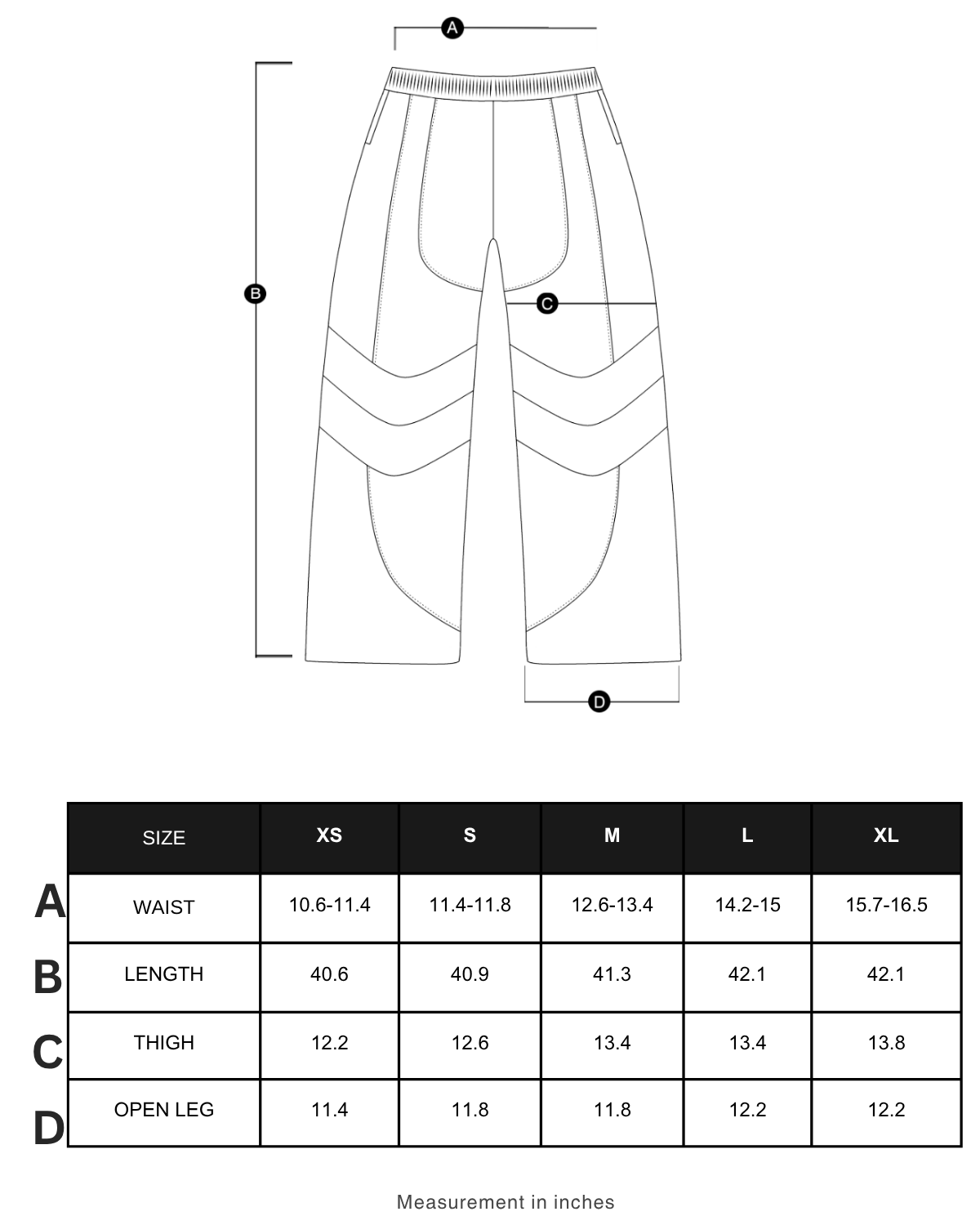 Size chart in inches