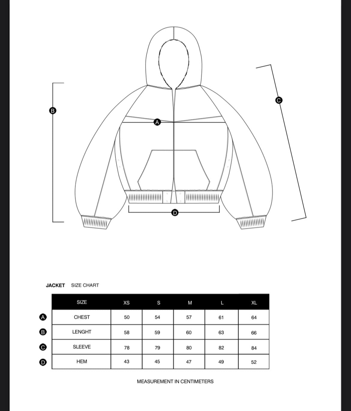 Size chart in centimeters