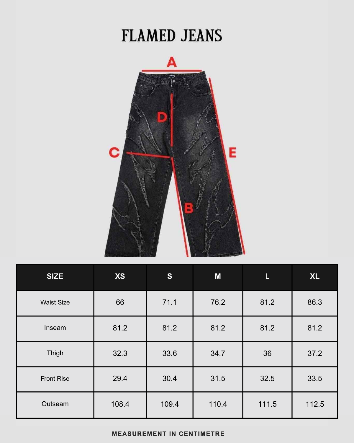 Size chart in centimeters