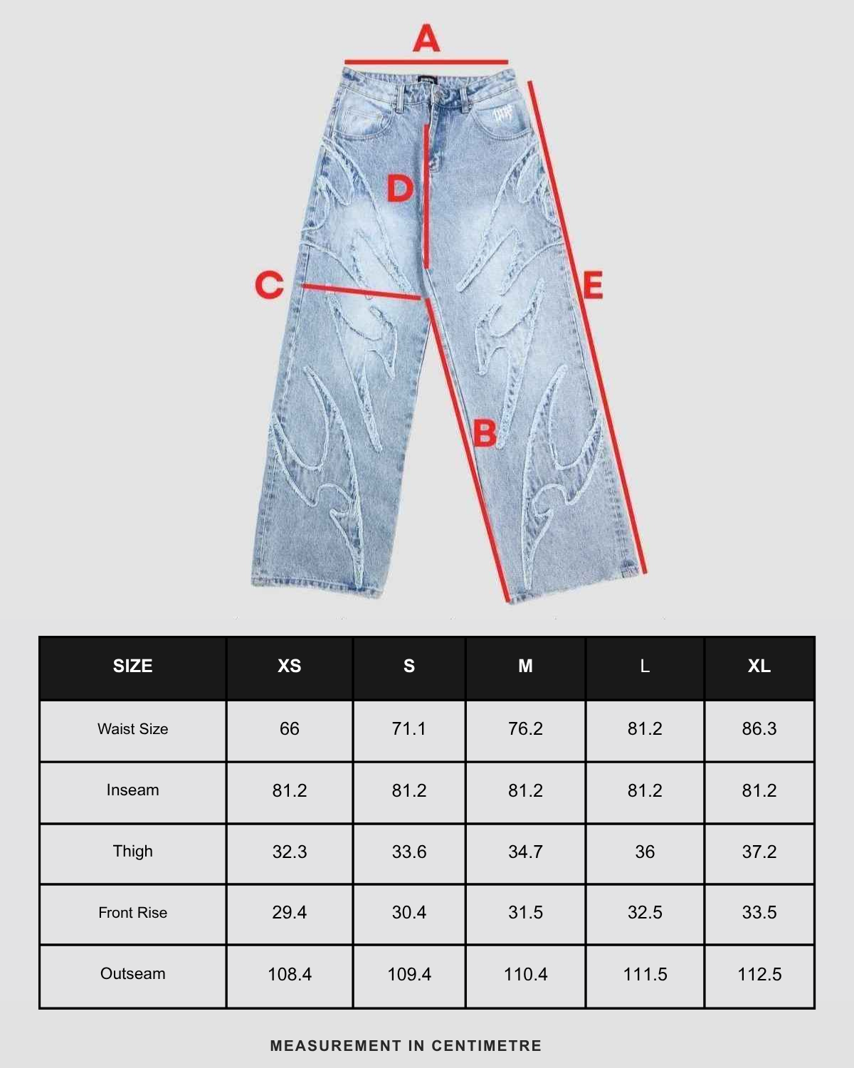 Size chart in centimeters
