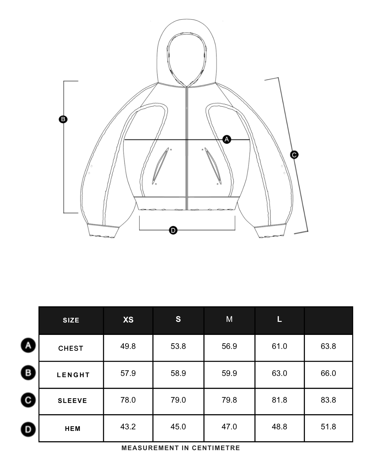 Size chart in centimeters