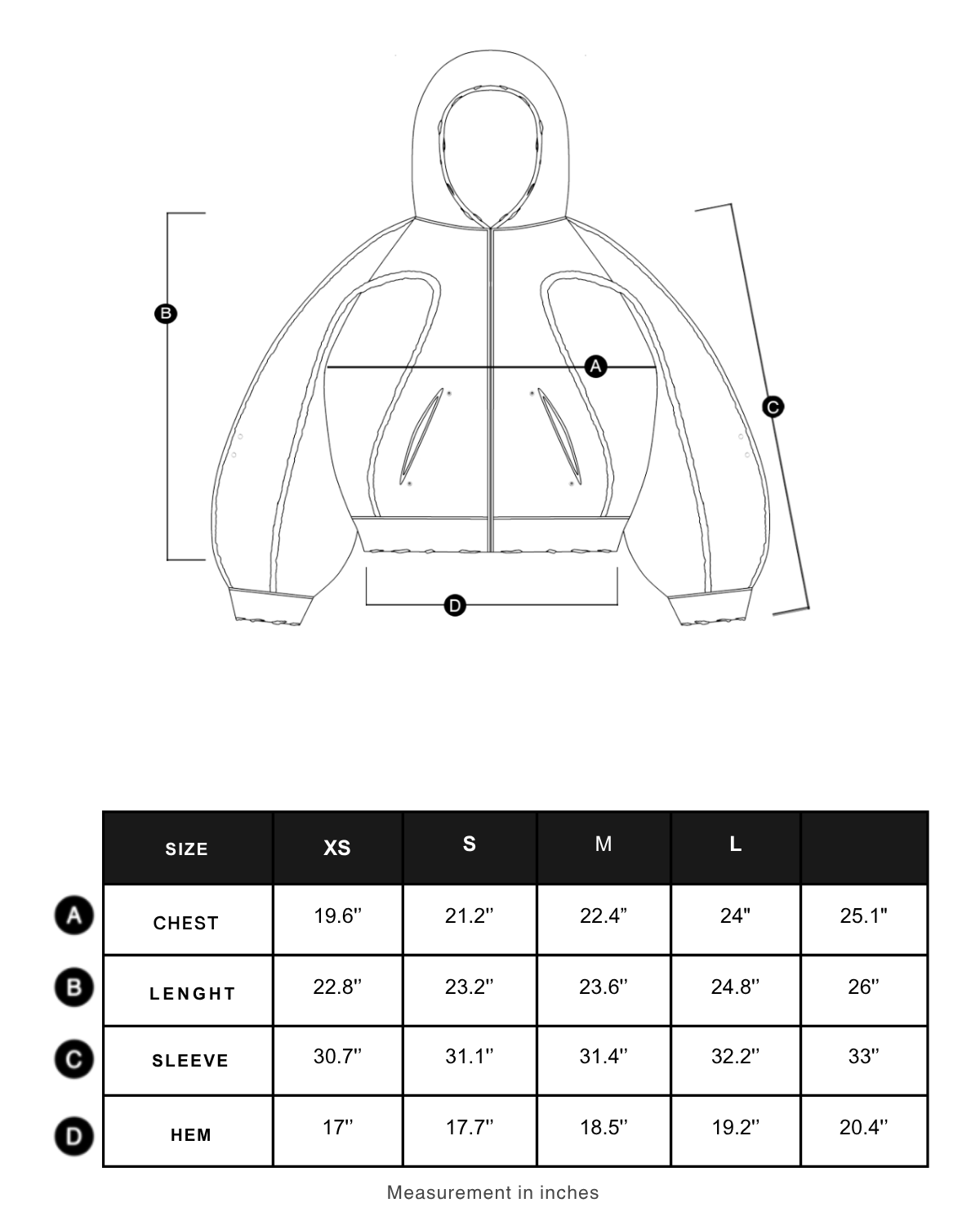 Size chart in inches