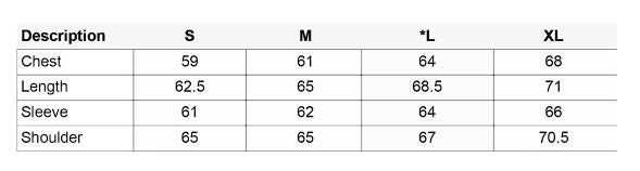 Size chart in inches