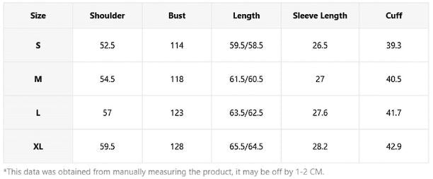 Size chart in centimeters