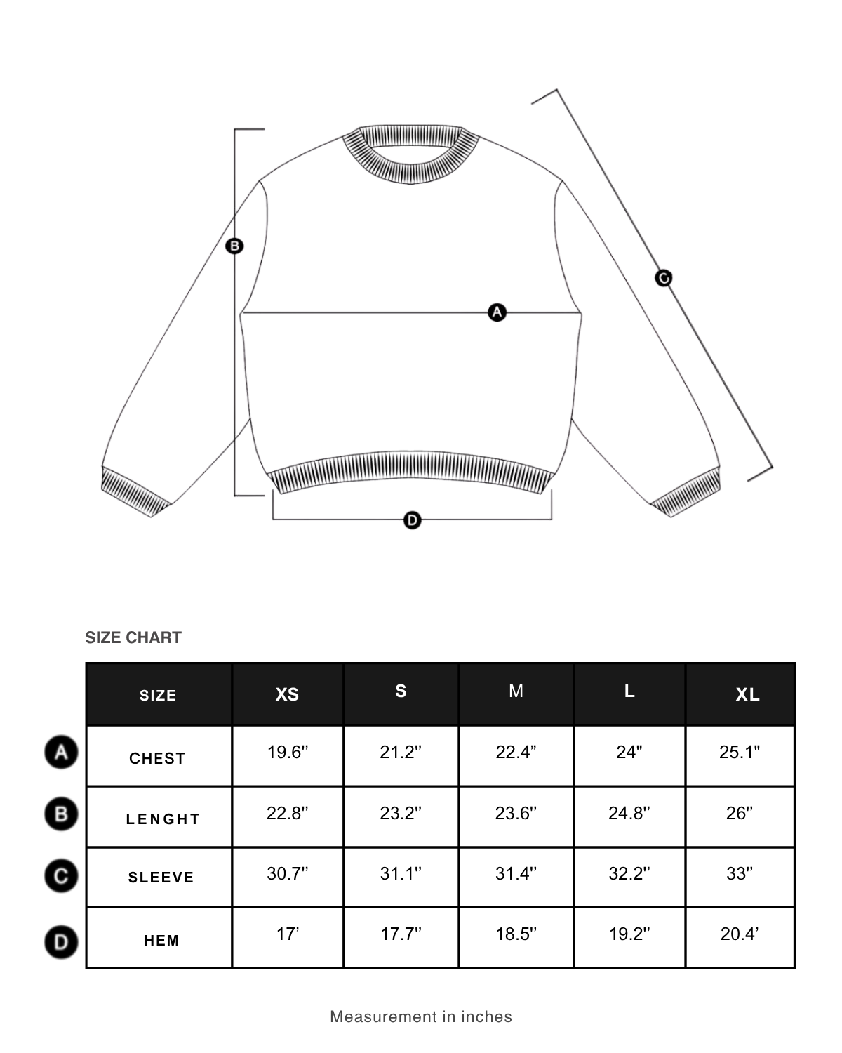 Size chart in centimeters