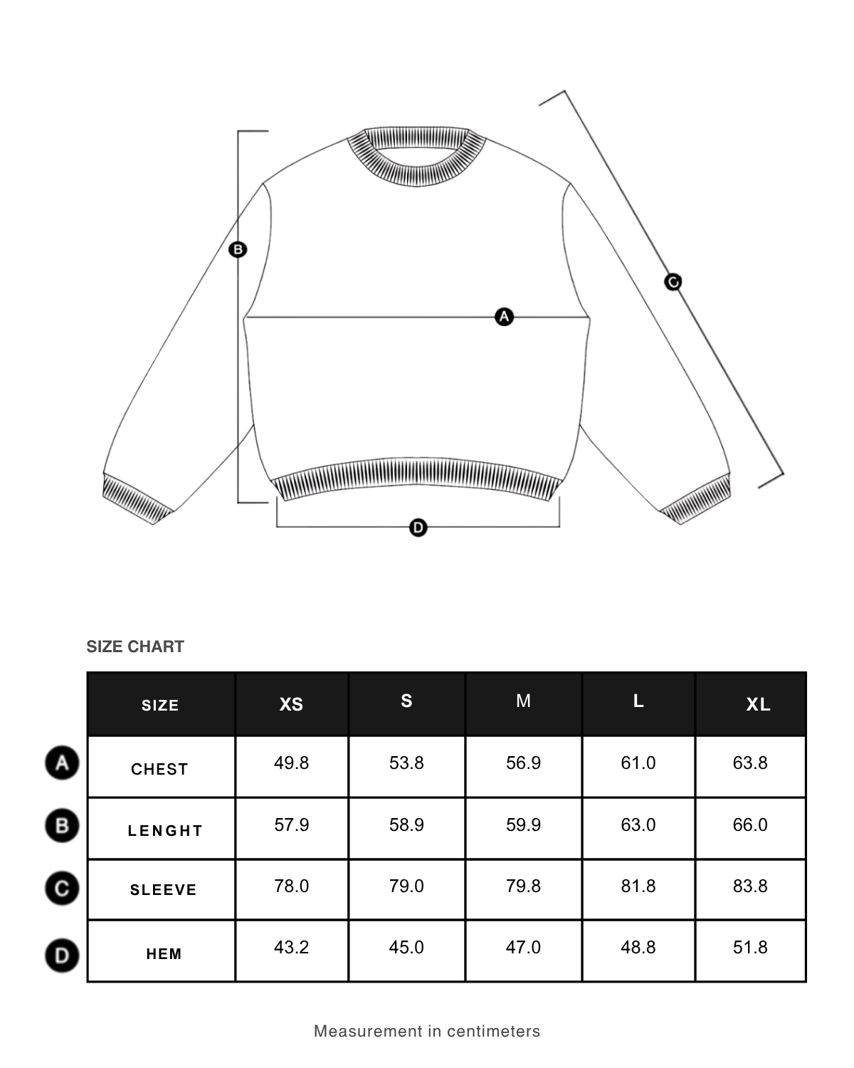 Size chart in centimeters