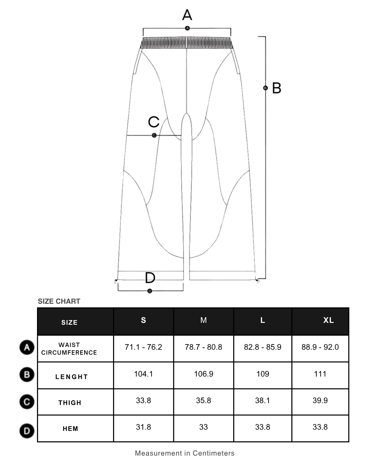 Size chart in centimeters