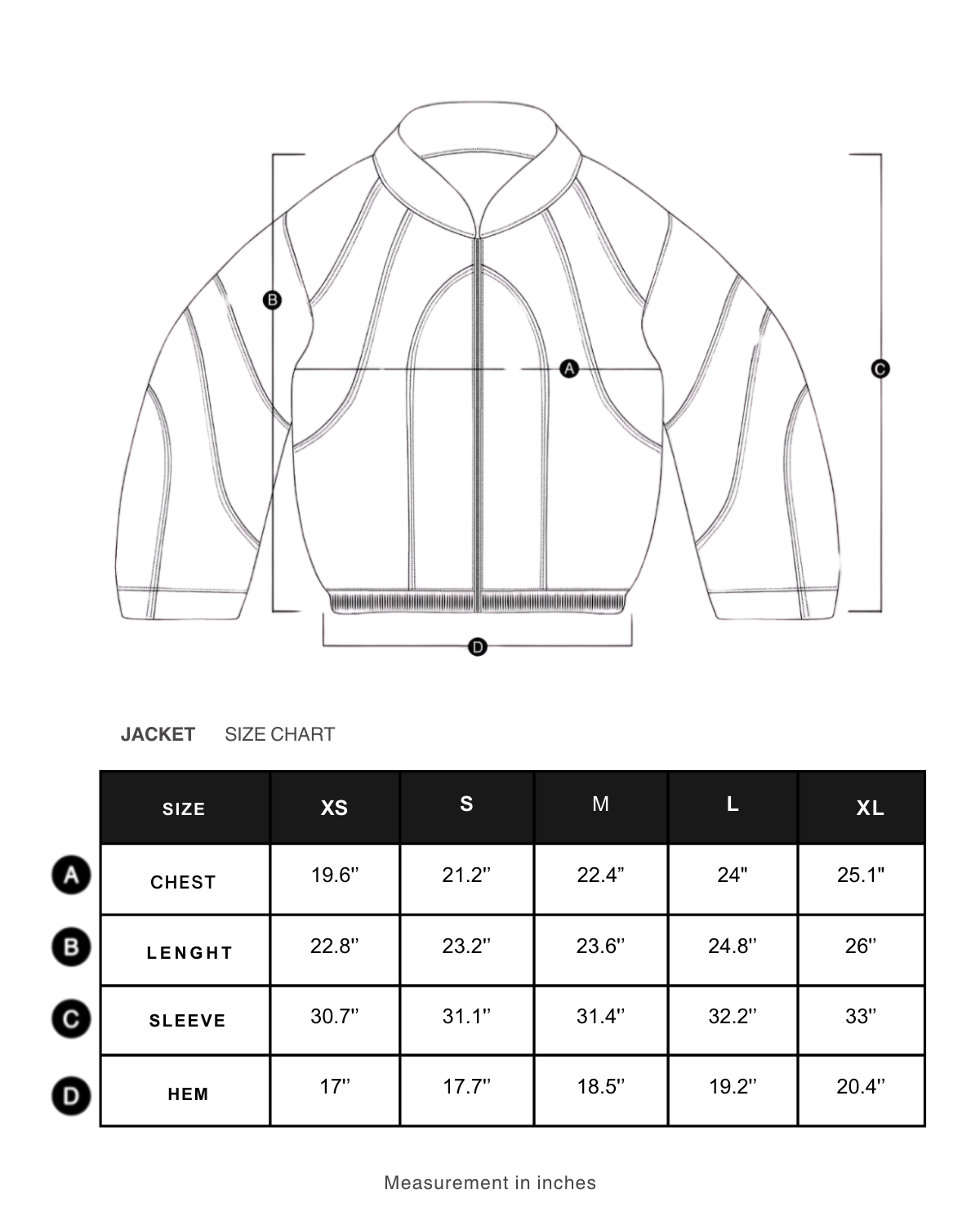 Size chart in inches