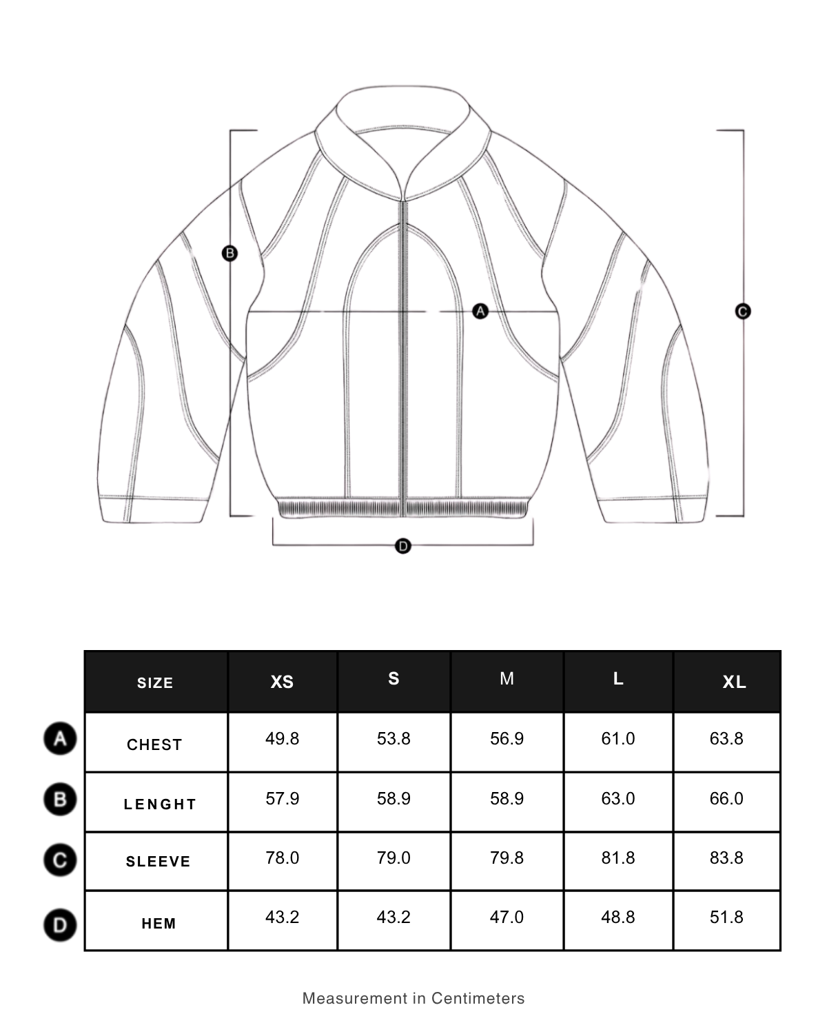 Size chart in centimeters