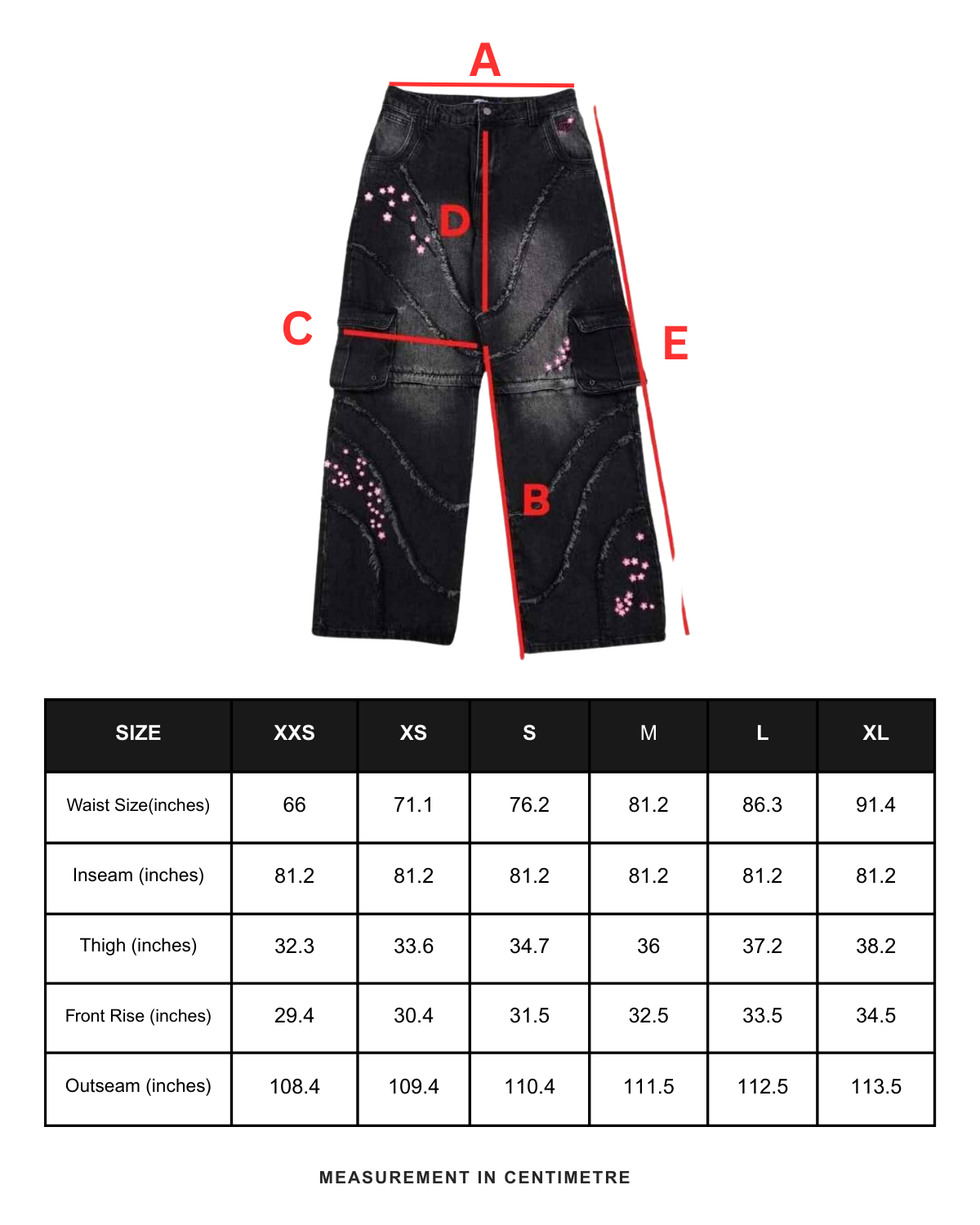 Size chart in centimeters