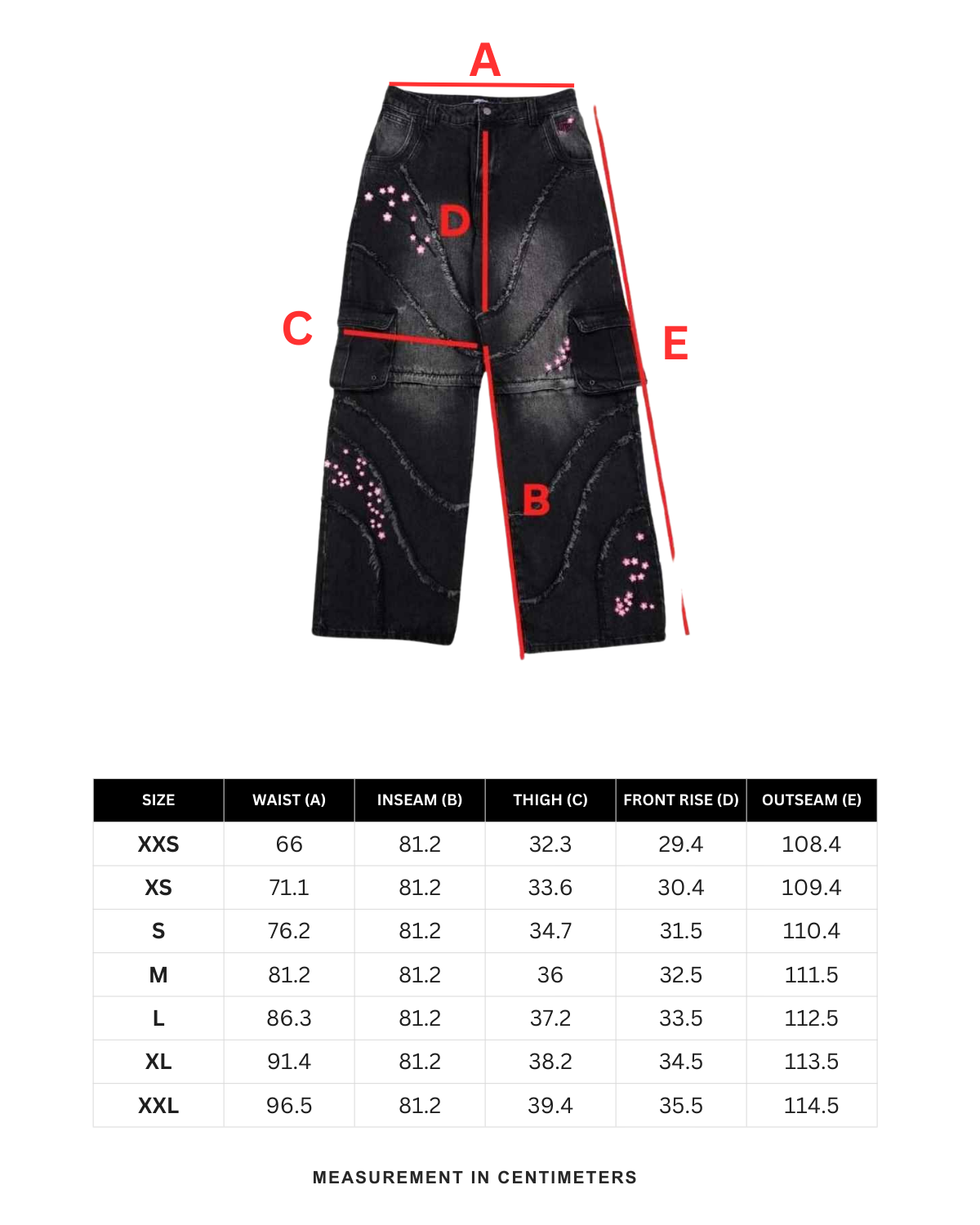 Size chart in centimeters