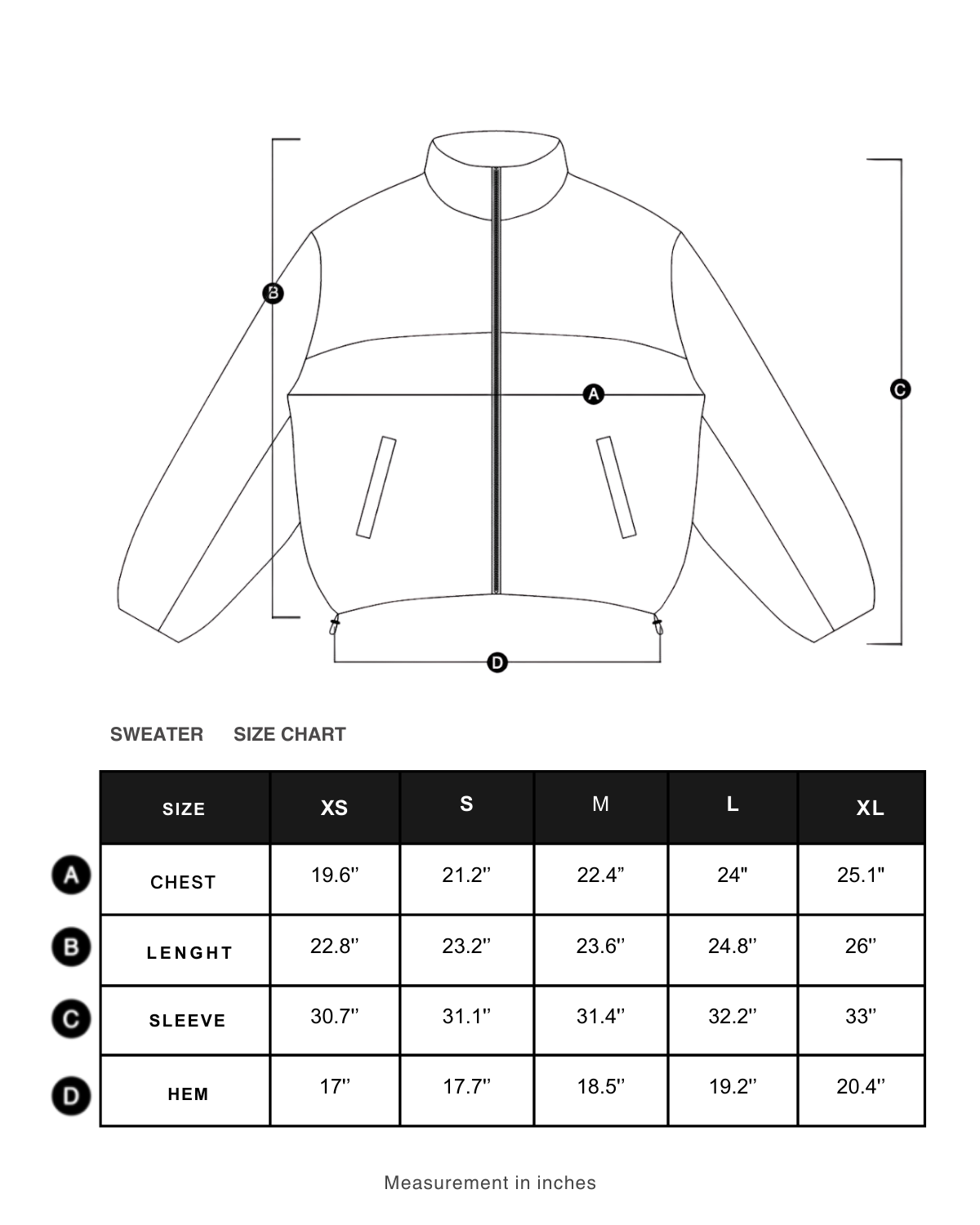 Size chart in inches