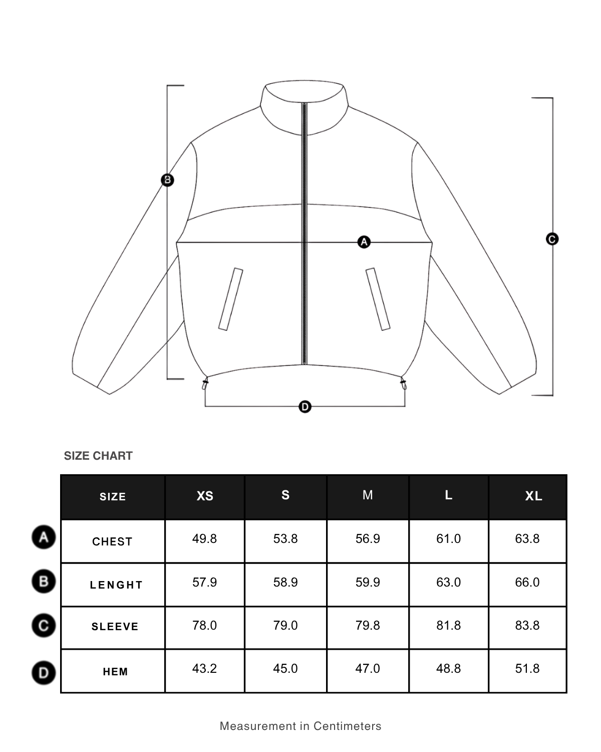 Size chart in centimeters