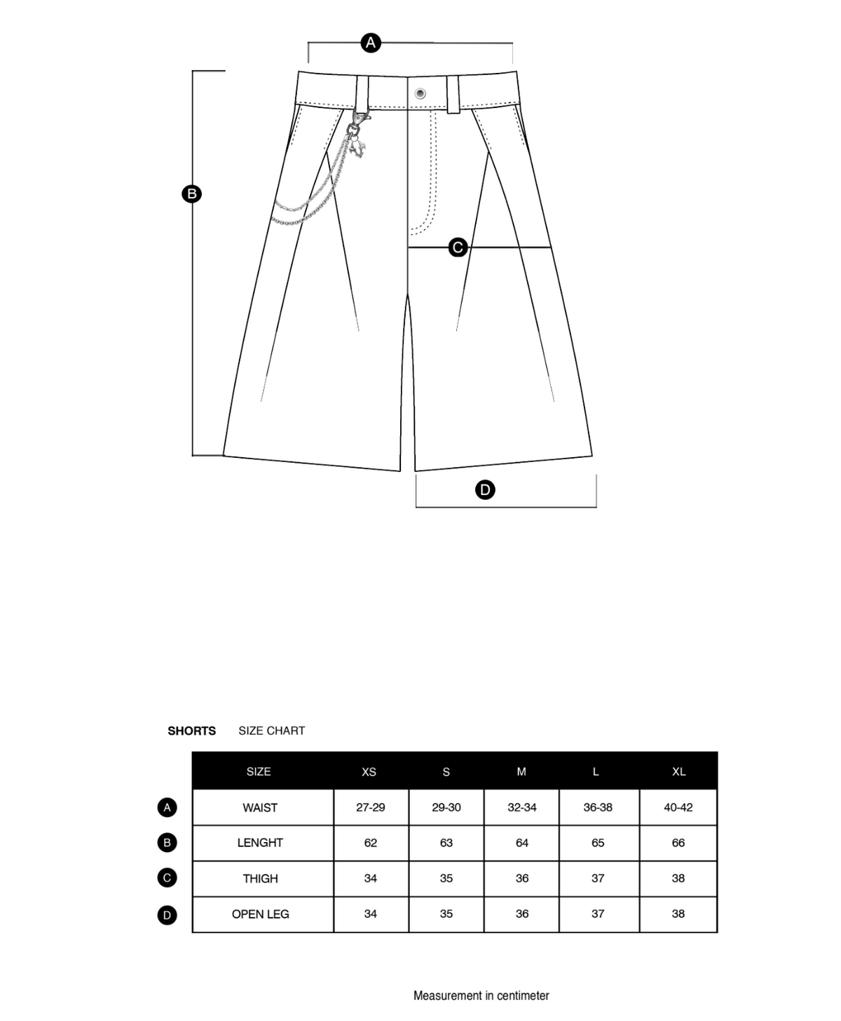 Size chart in centimeters