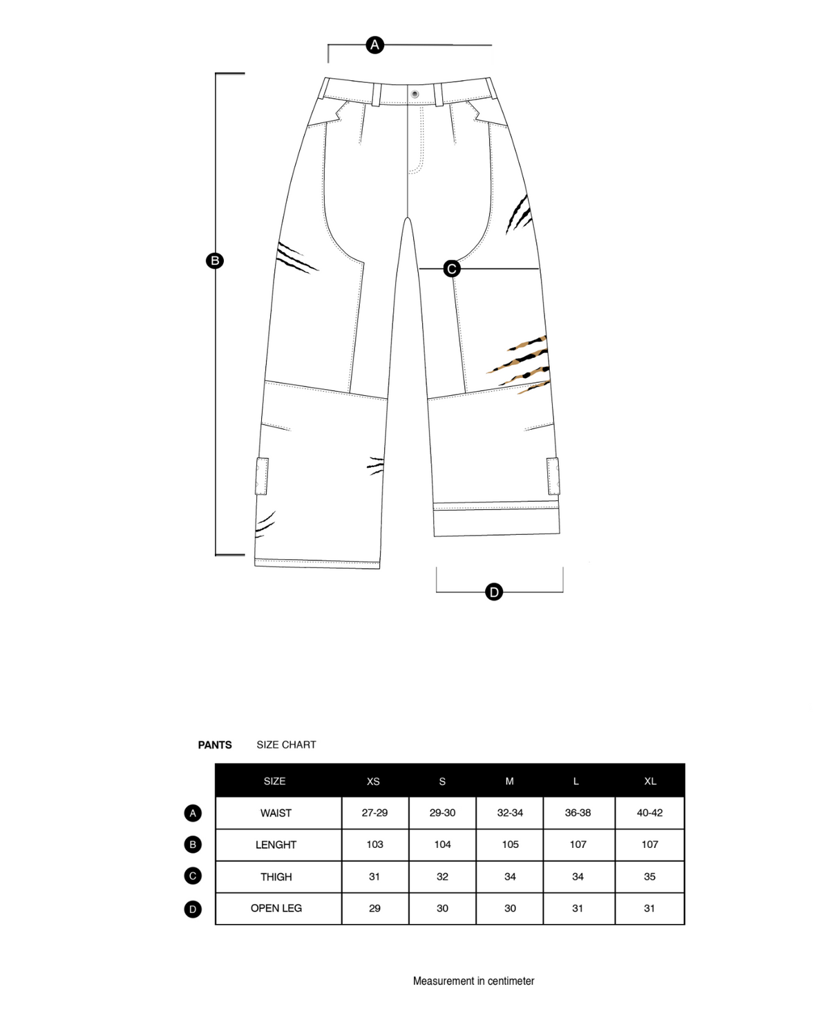 Size chart in centimeters