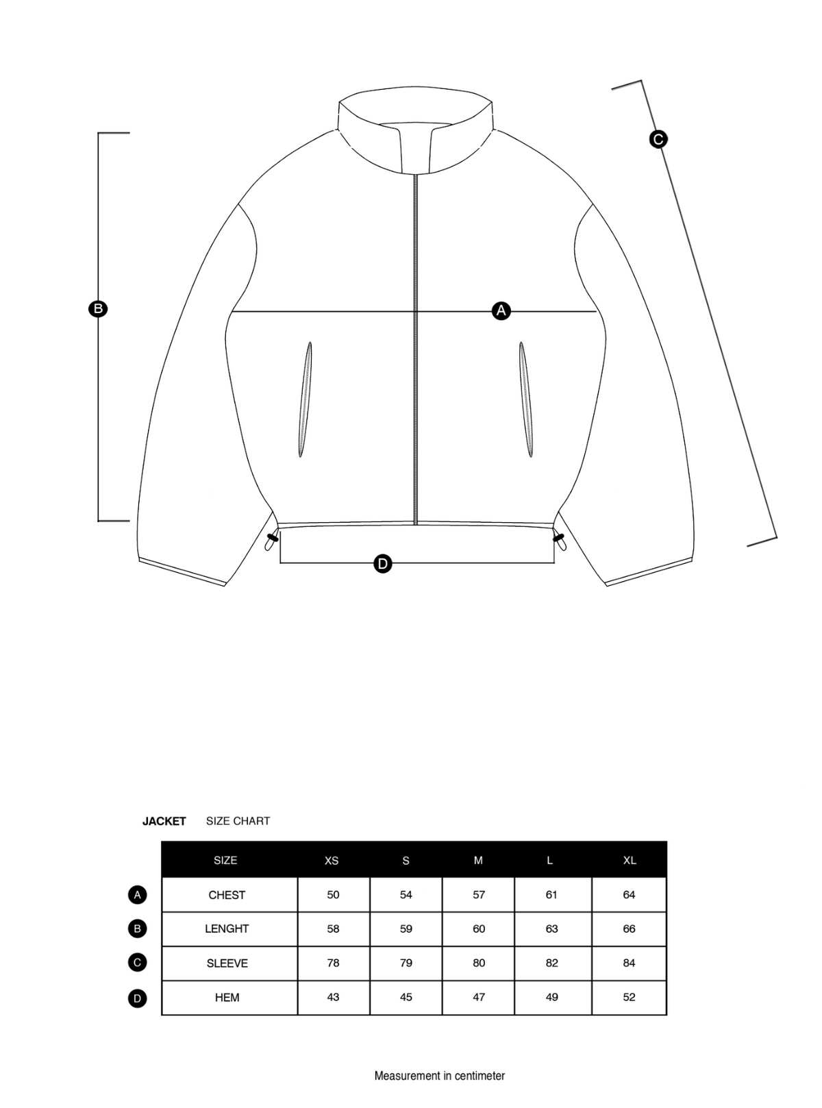 Size chart in centimeters