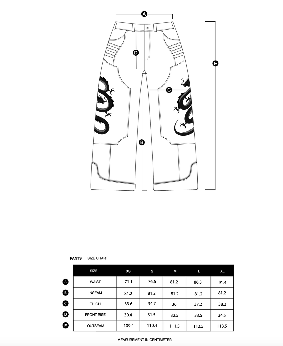 Size chart in centimeters