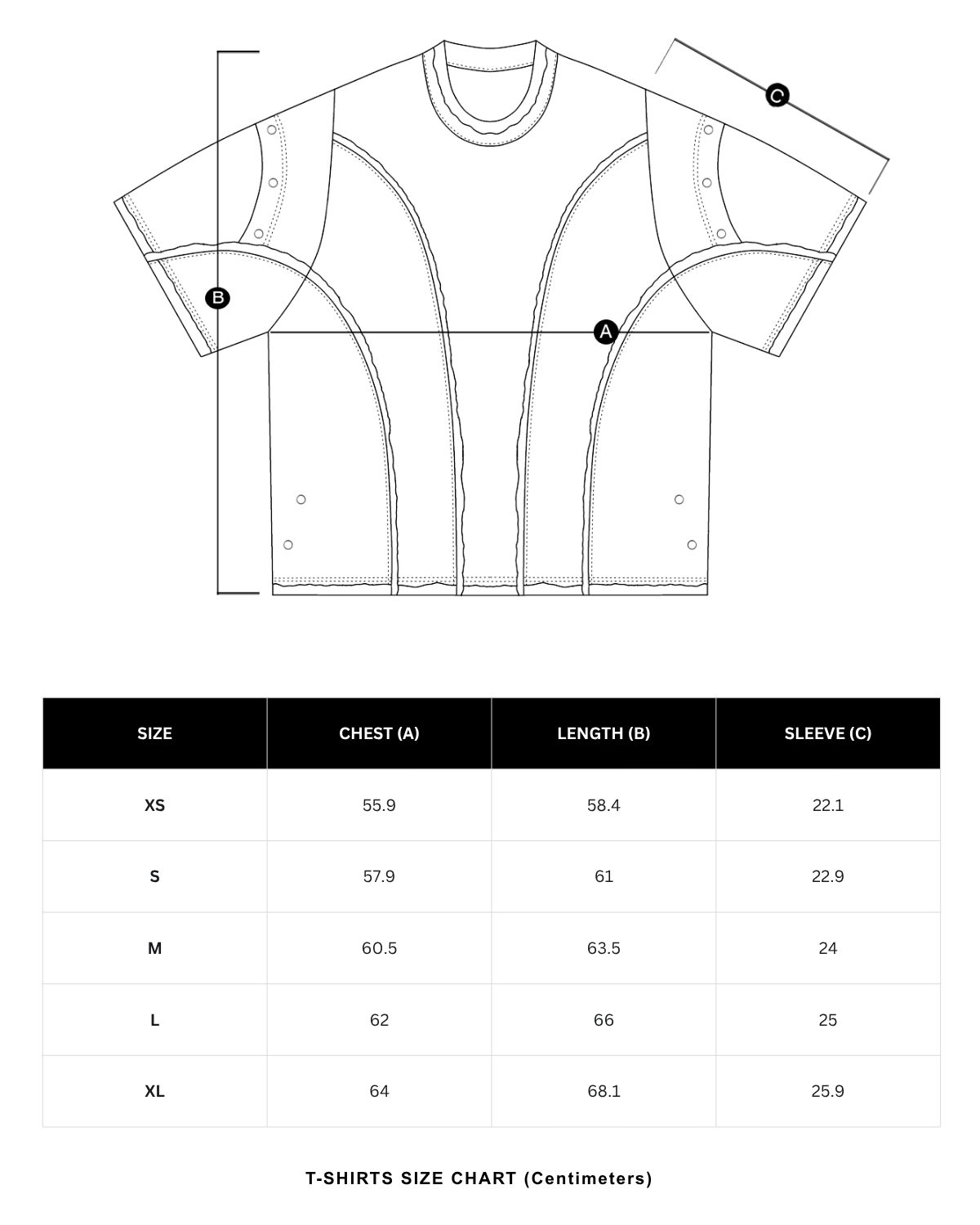 Size chart in centimeters
