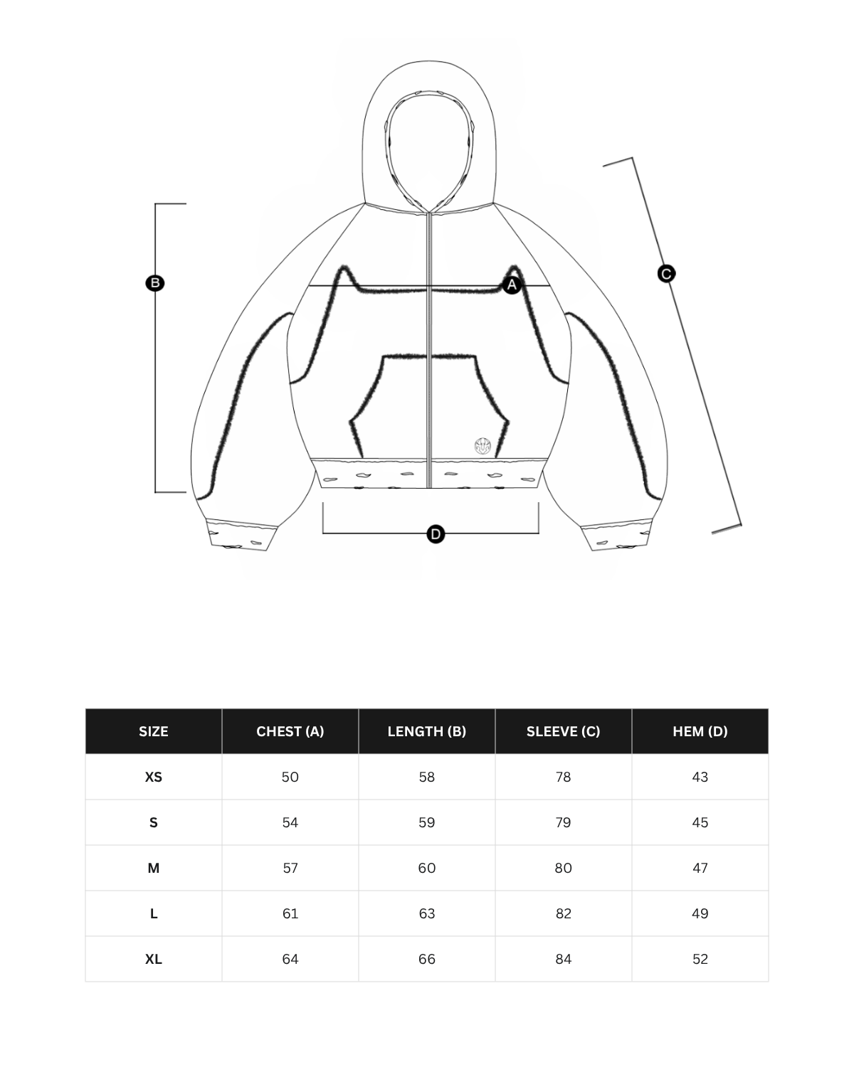 Size chart in centimeters