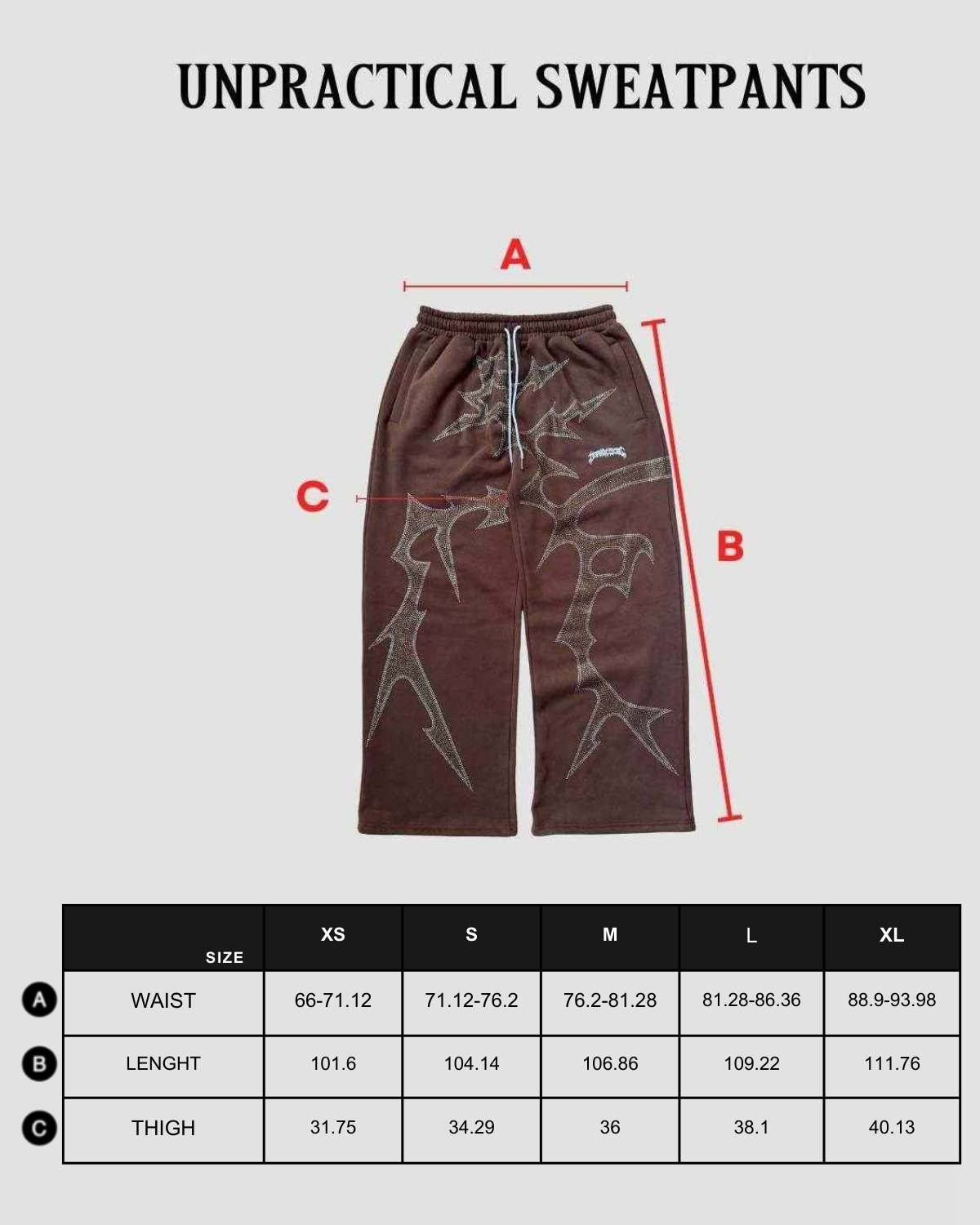 Size chart in centimeters