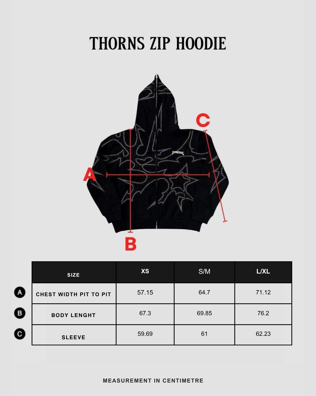 Size chart in centimeters
