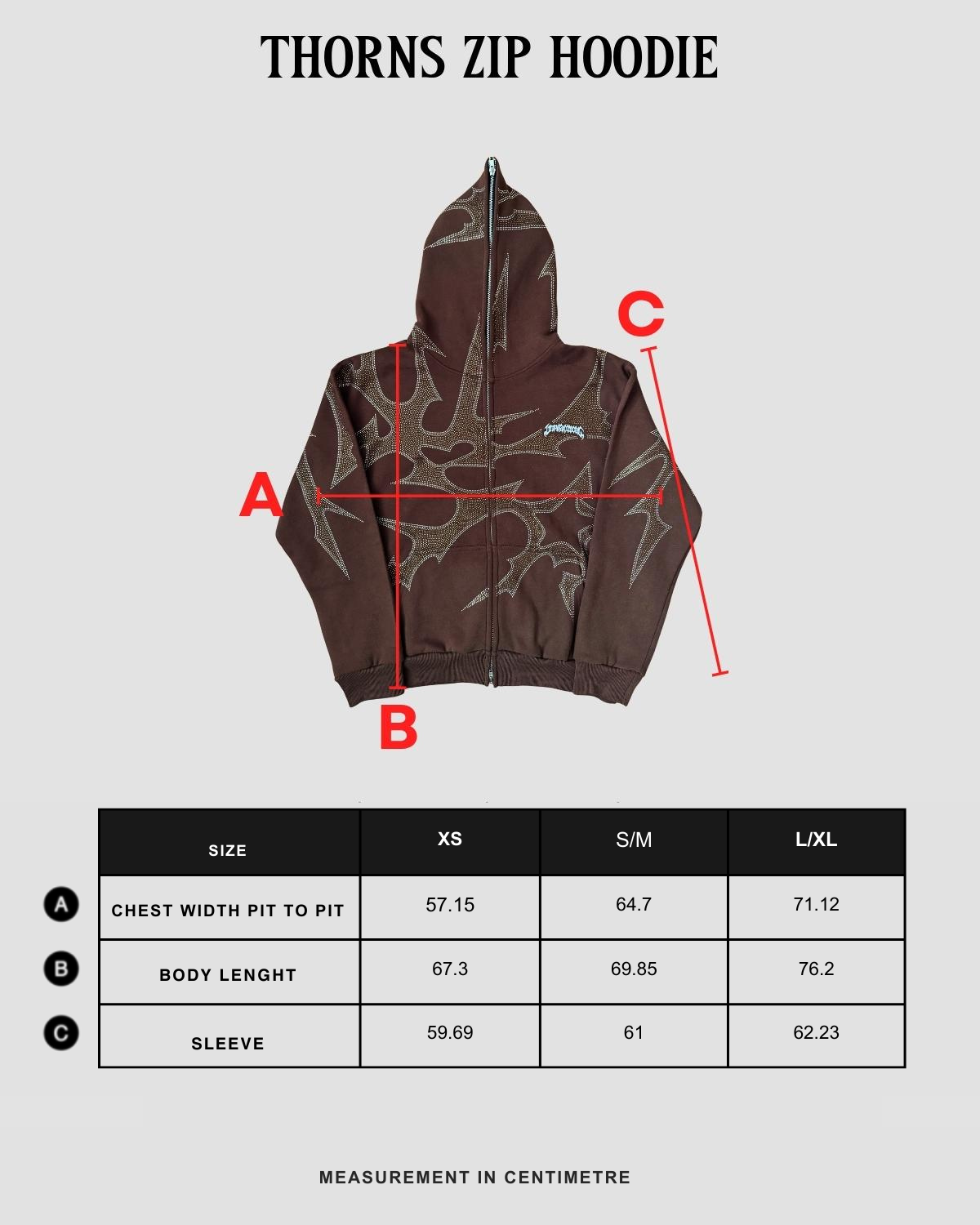 Size chart in centimeters