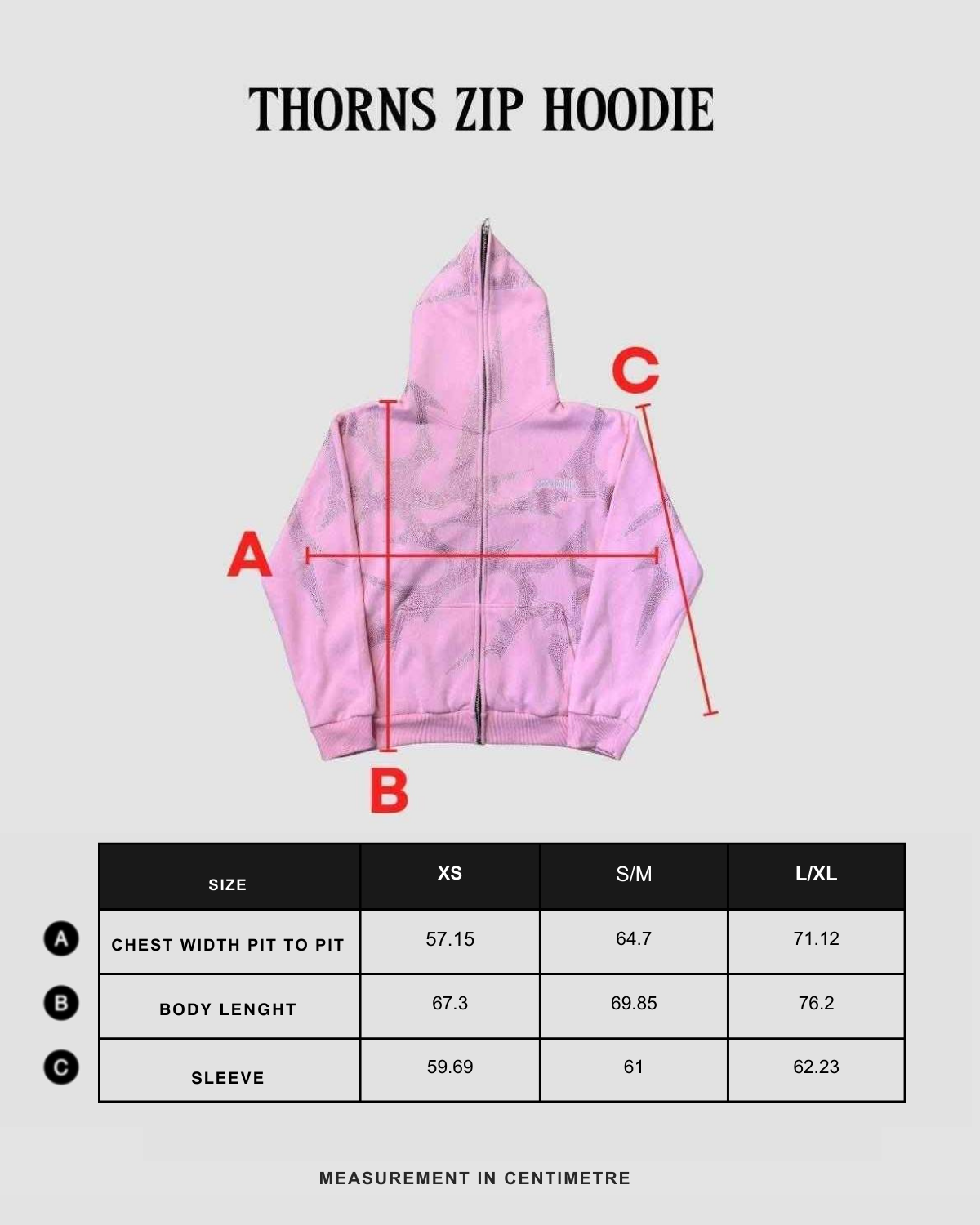 Size chart in centimeters
