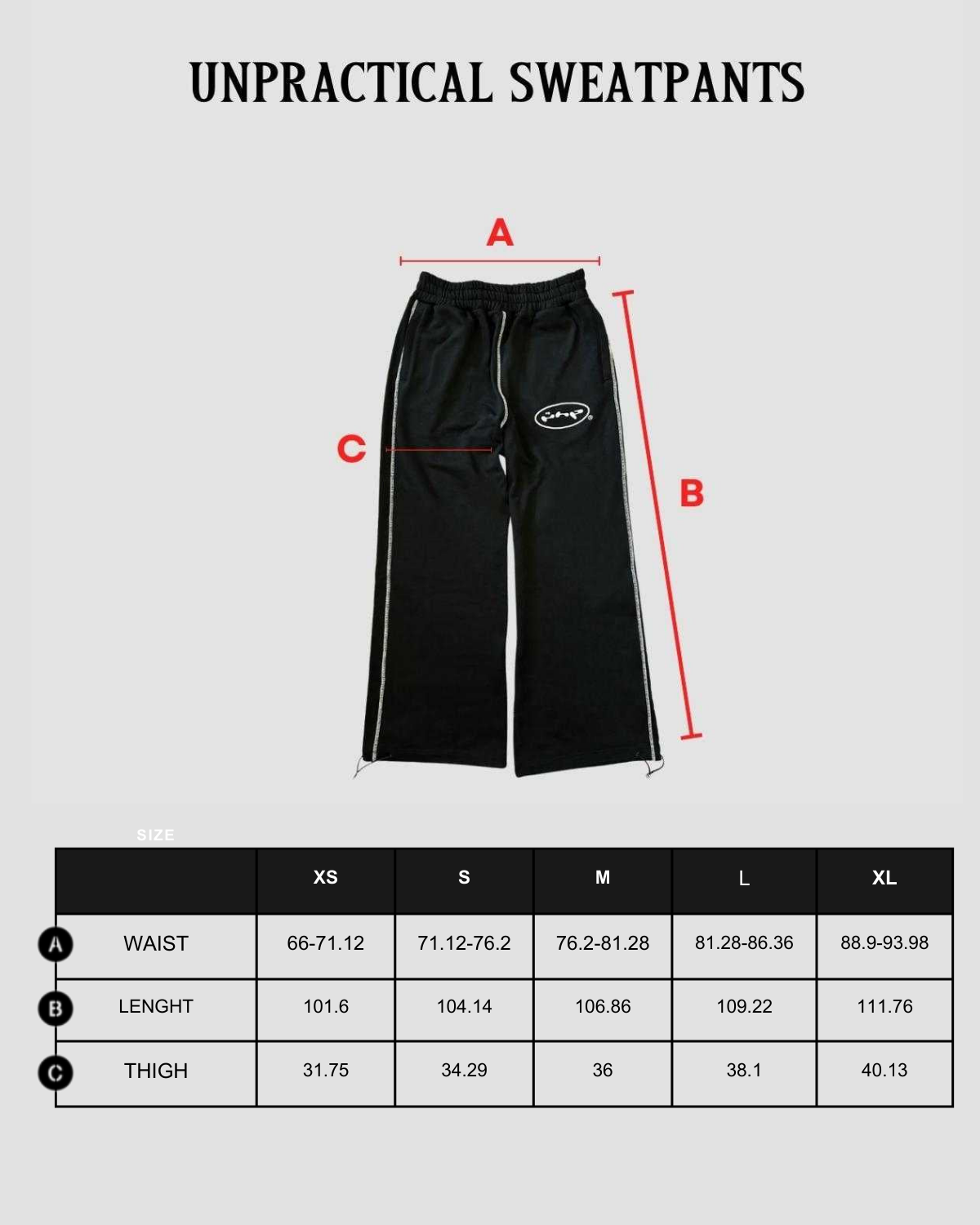 Size chart in centimeters