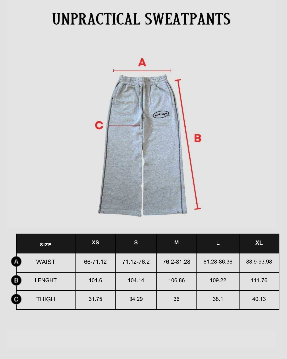 Size chart in centimeters
