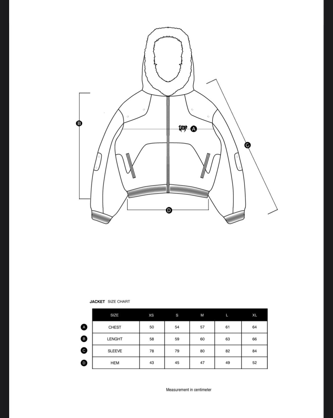 Size chart in centimeters